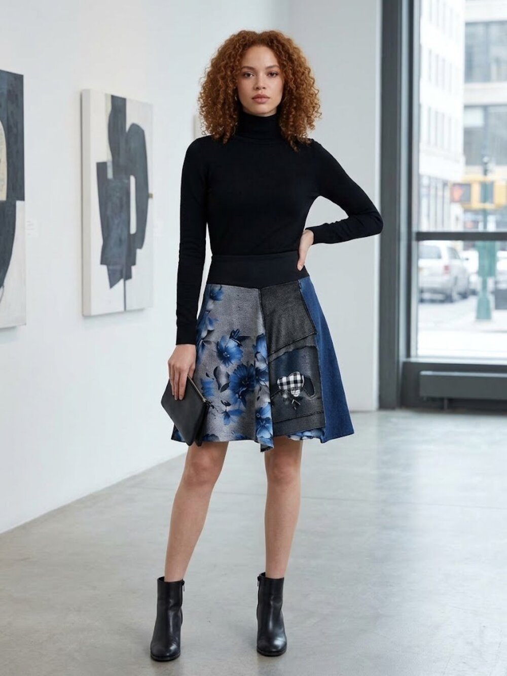 Hippie Patchwork Skirt Short Boho Style A Line Denim Floral Size S